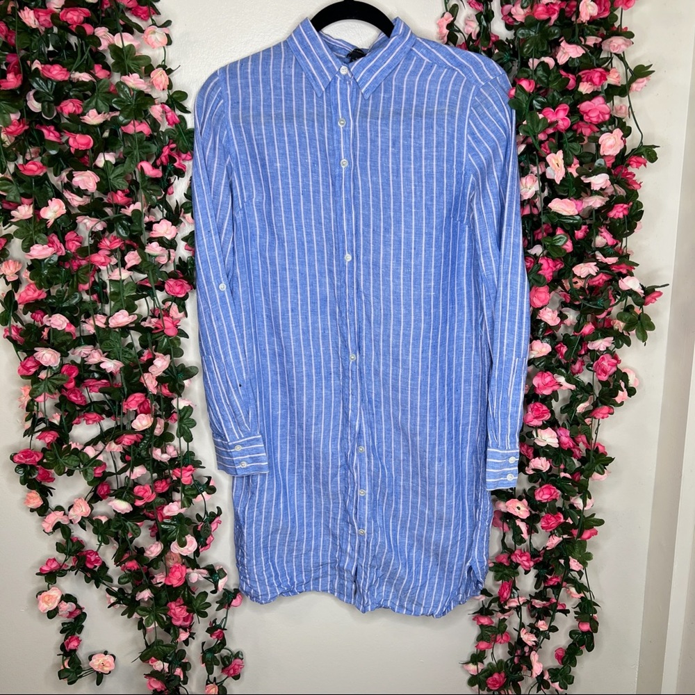 🌹Ann Taylor Blue White Striped Button Up Linen Dress Womens Small Work Office